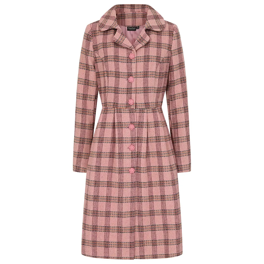 1960s Inspired Poly Wool Pink Check Print Winter Coat