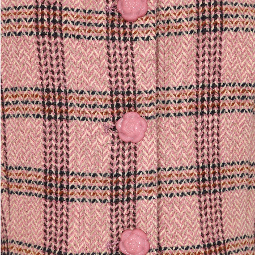 1960s Inspired Poly Wool Pink Check Print Winter Coat