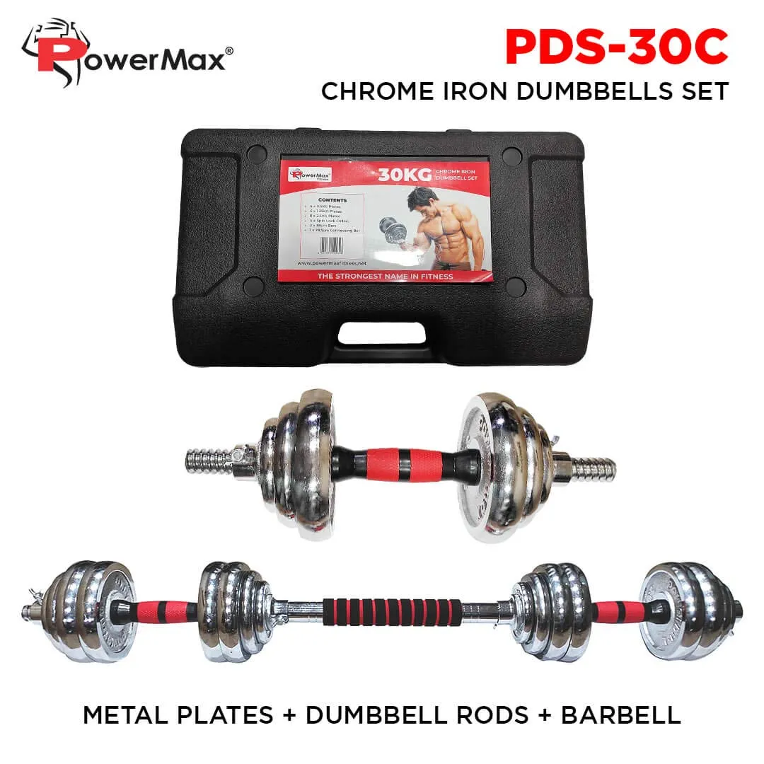 Adjustable Dumbbell Set - Coated Iron Dumbbell and Anti-Slip Rod Set For Home Workout with Carry Case | Chrome | 30kg (Model Number: PDS-30C)