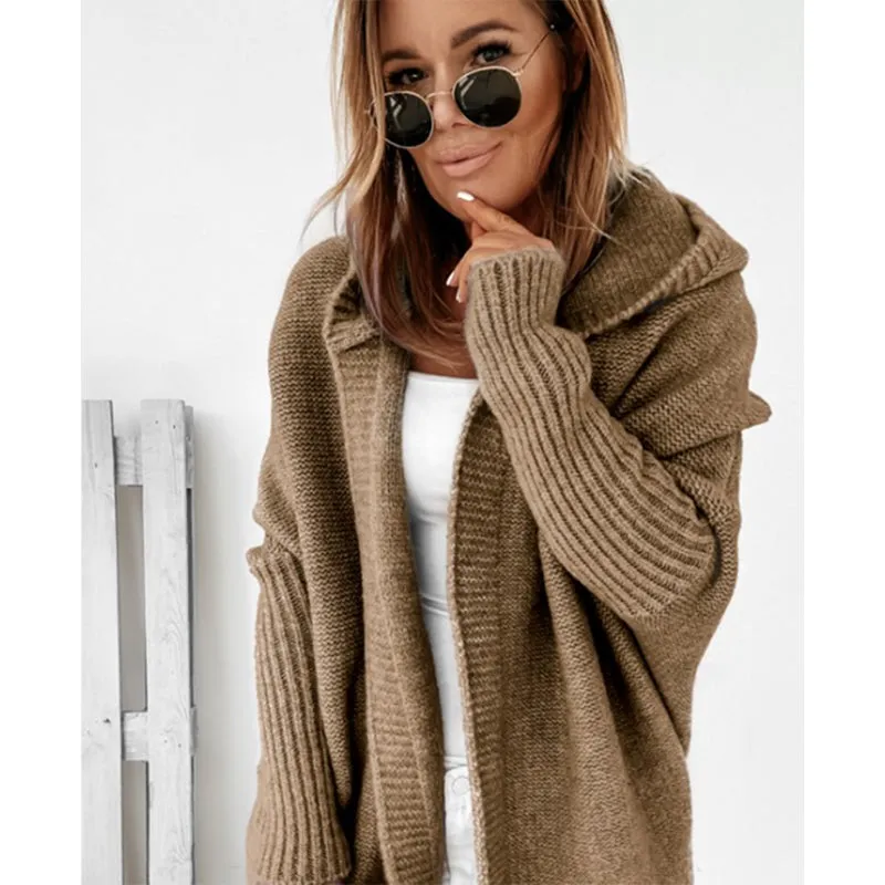 All-match Women's Fashion Hoodie Open Front Knitted Sweater Knitwear