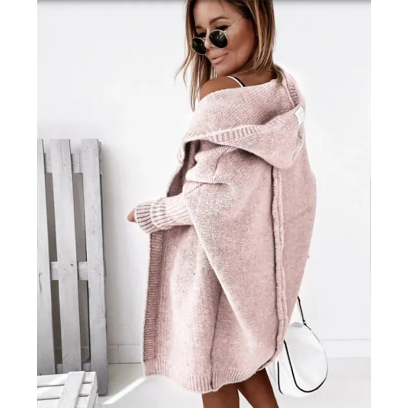 All-match Women's Fashion Hoodie Open Front Knitted Sweater Knitwear