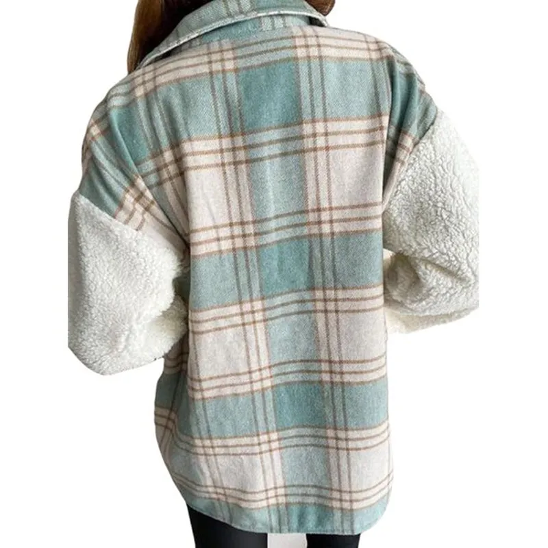 Autumn & Winter Warm Plaid Plush Stitching Jacket with Pockets