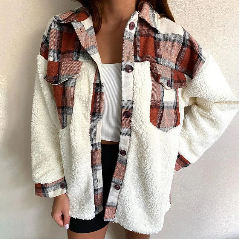 Autumn & Winter Warm Plaid Plush Stitching Jacket with Pockets