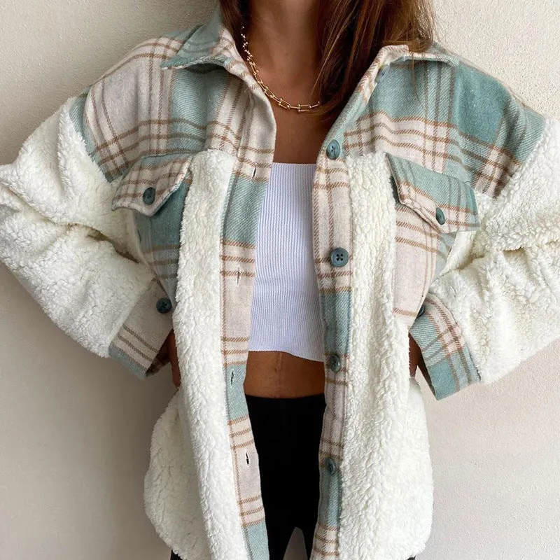 Autumn & Winter Warm Plaid Plush Stitching Jacket with Pockets