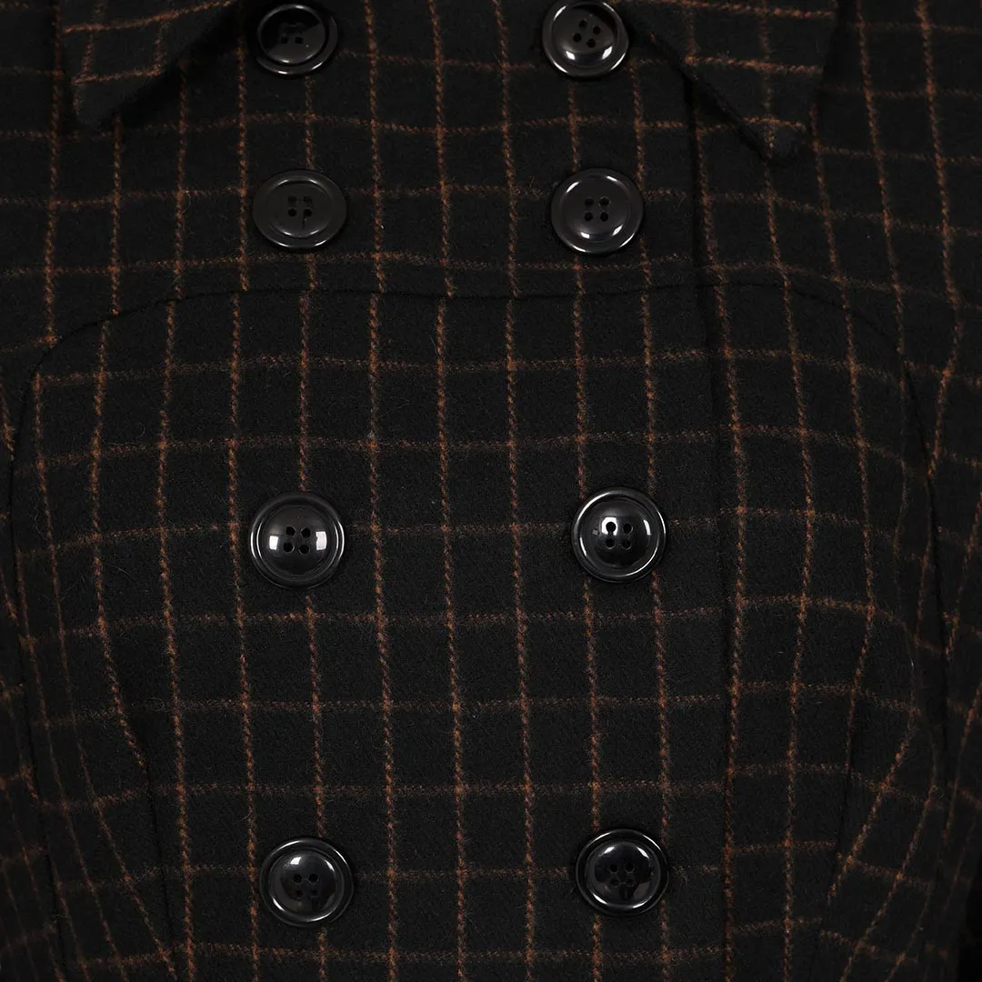 Black Brown Double Breasted Wool Vintage Check Print Winter Coat