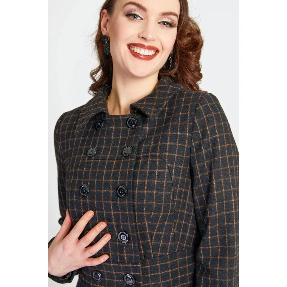 Black Brown Double Breasted Wool Vintage Check Print Winter Coat