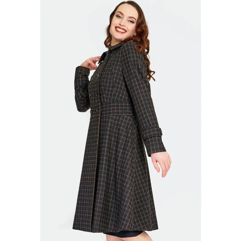 Black Brown Double Breasted Wool Vintage Check Print Winter Coat