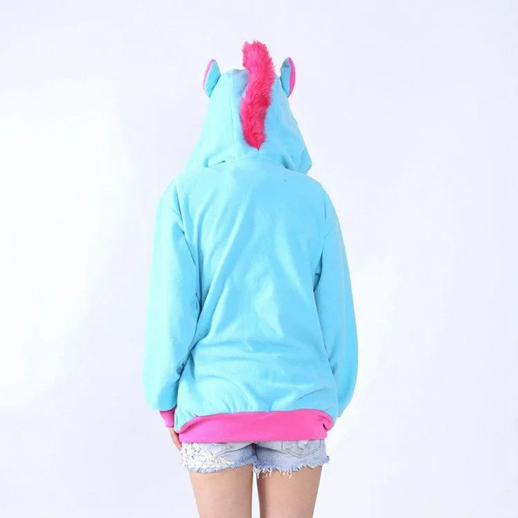 Blue Unicorn Cartoon Zip-up Hoodie Cosplay Costume Long Sleeves