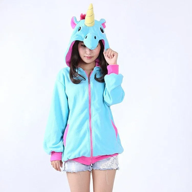 Blue Unicorn Cartoon Zip-up Hoodie Cosplay Costume Long Sleeves