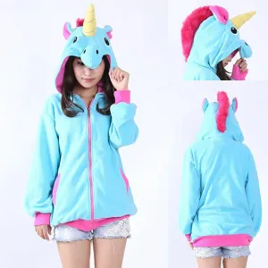 Blue Unicorn Cartoon Zip-up Hoodie Cosplay Costume Long Sleeves