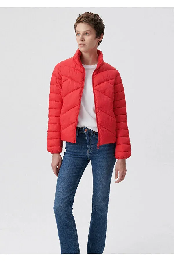 Blue Women's Stand Collar Red Puffer Coat