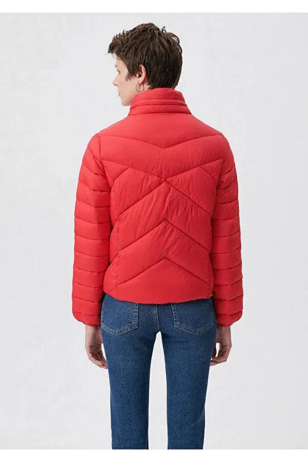 Blue Women's Stand Collar Red Puffer Coat