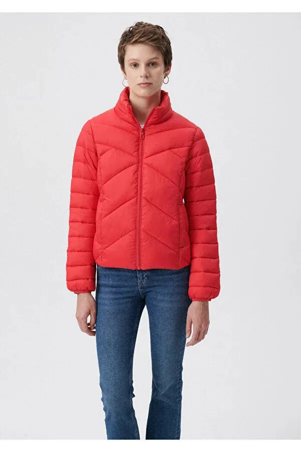 Blue Women's Stand Collar Red Puffer Coat