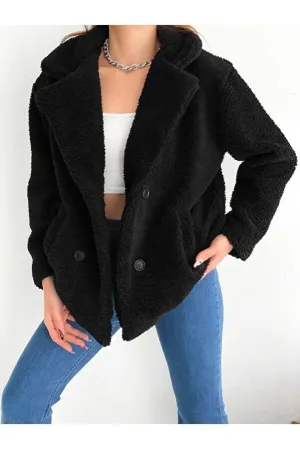 By Gecce Women's Black Four Button Plush Coat