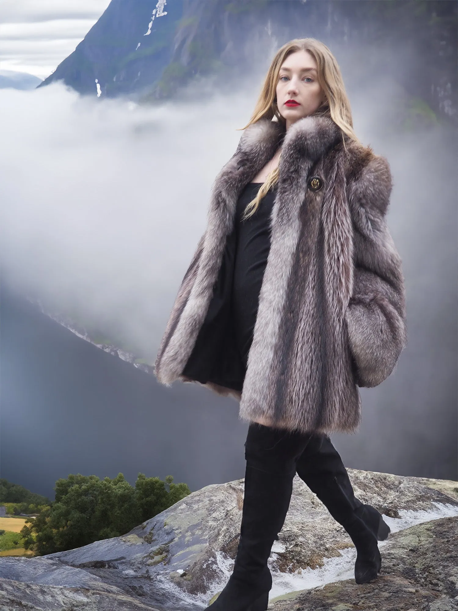 Canadian Raccoon Fur Coat Coats With Indigo Fox Detachable Hood M