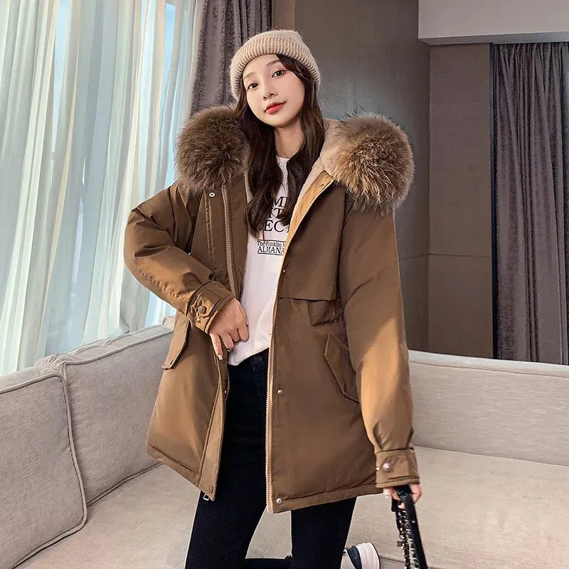 Cinched Waist Casual Fur Collar Parka