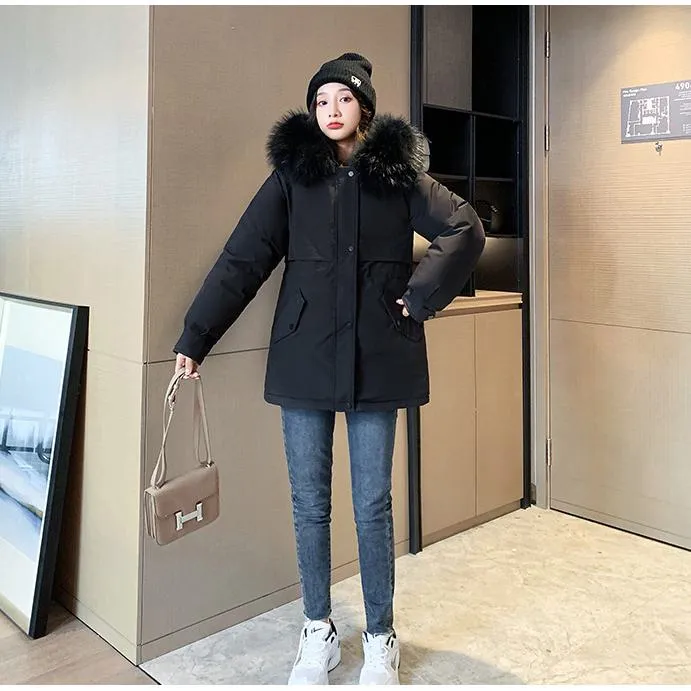 Cinched Waist Casual Fur Collar Parka