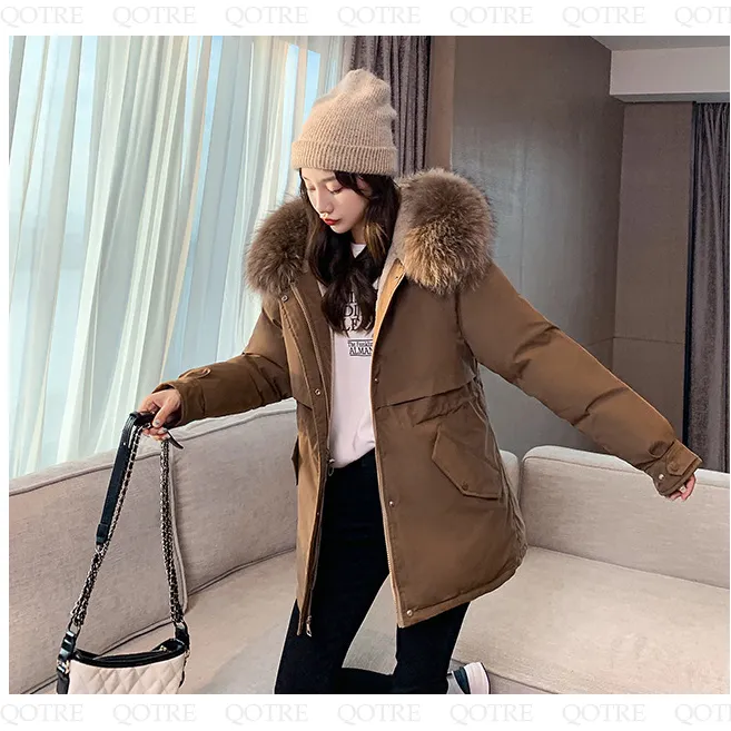 Cinched Waist Casual Fur Collar Parka