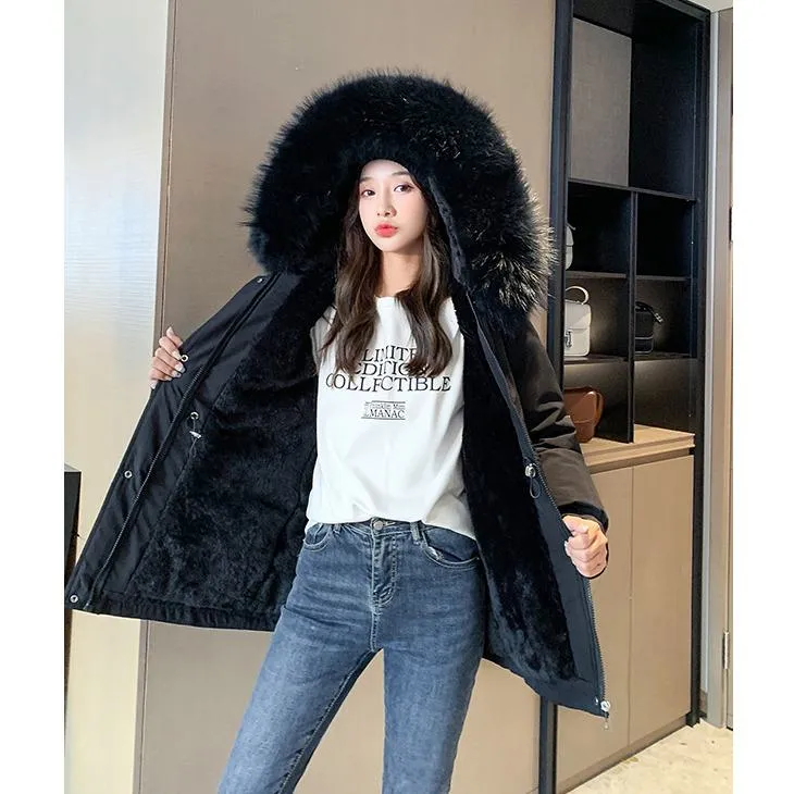 Cinched Waist Casual Fur Collar Parka