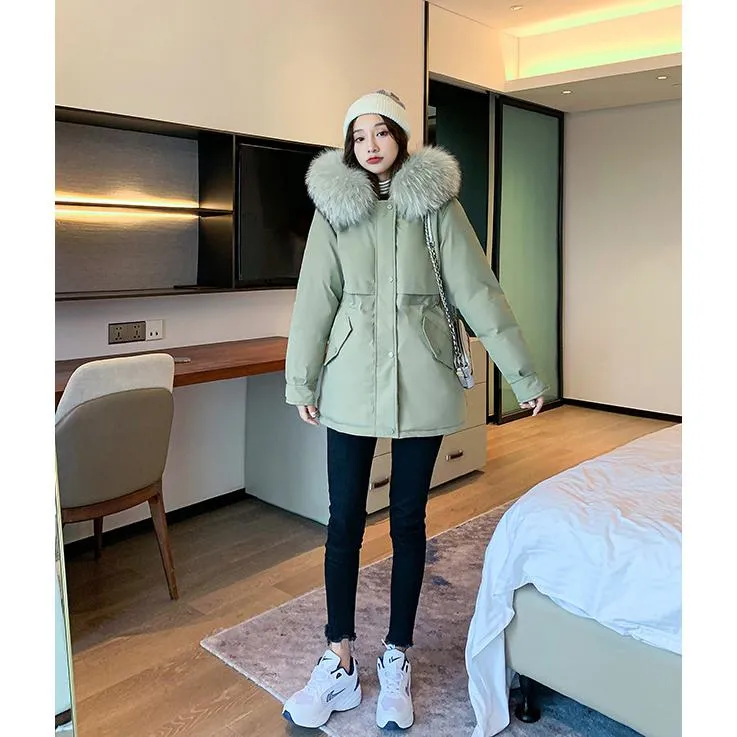 Cinched Waist Casual Fur Collar Parka