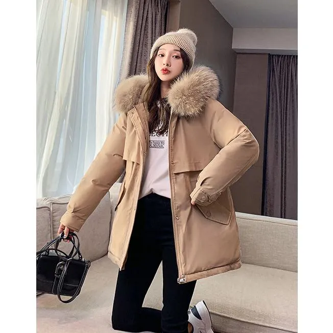 Cinched Waist Casual Fur Collar Parka