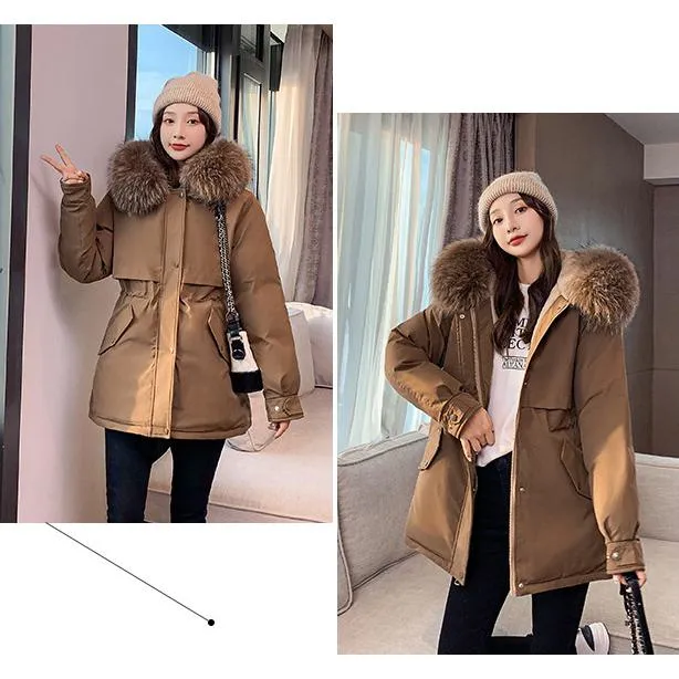 Cinched Waist Casual Fur Collar Parka