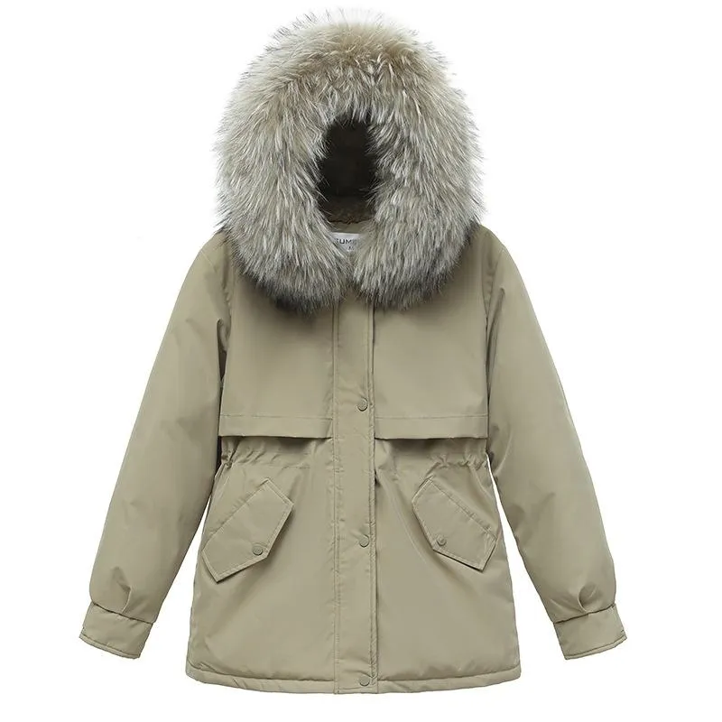 Cinched Waist Casual Fur Collar Parka