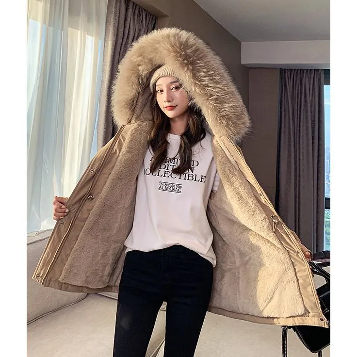 Cinched Waist Casual Fur Collar Parka