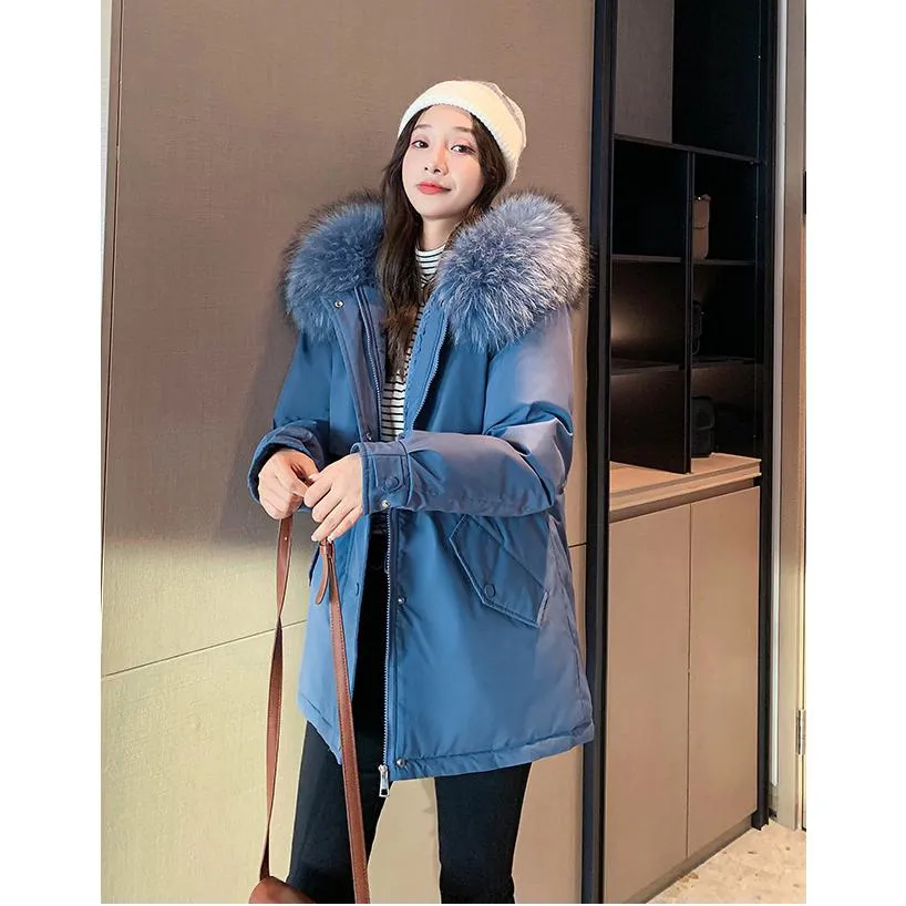 Cinched Waist Casual Fur Collar Parka