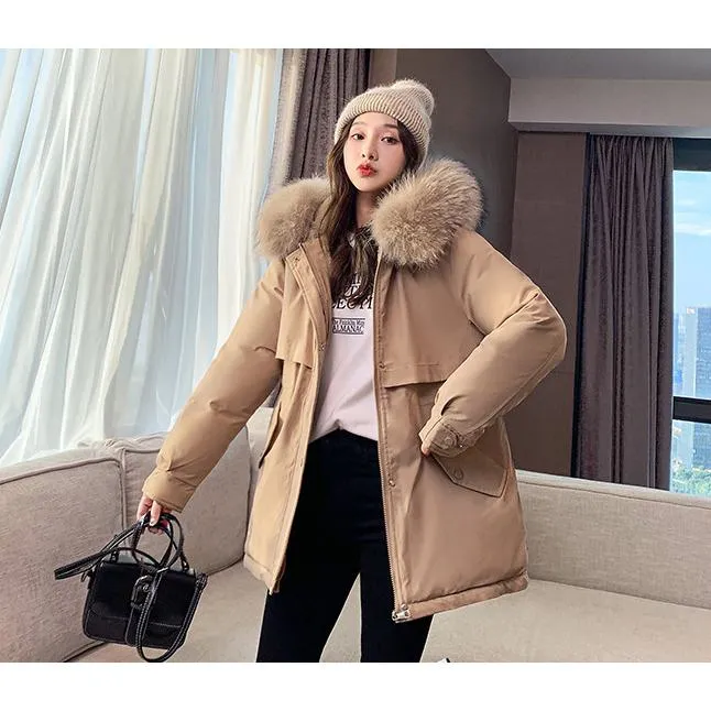 Cinched Waist Casual Fur Collar Parka