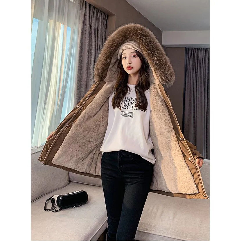 Cinched Waist Casual Fur Collar Parka