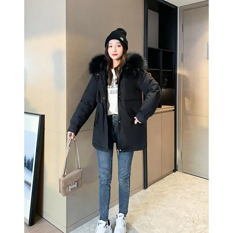 Cinched Waist Casual Fur Collar Parka