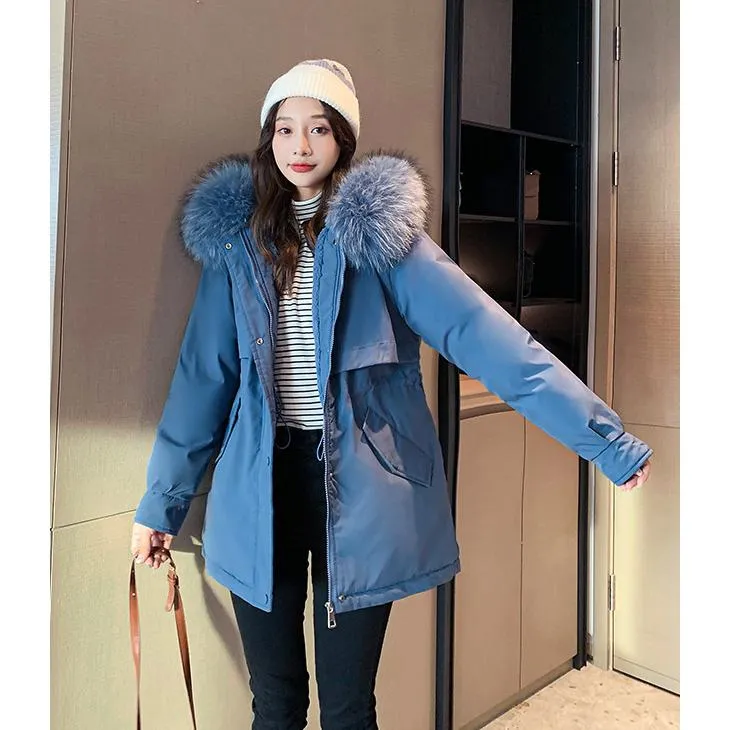 Cinched Waist Casual Fur Collar Parka