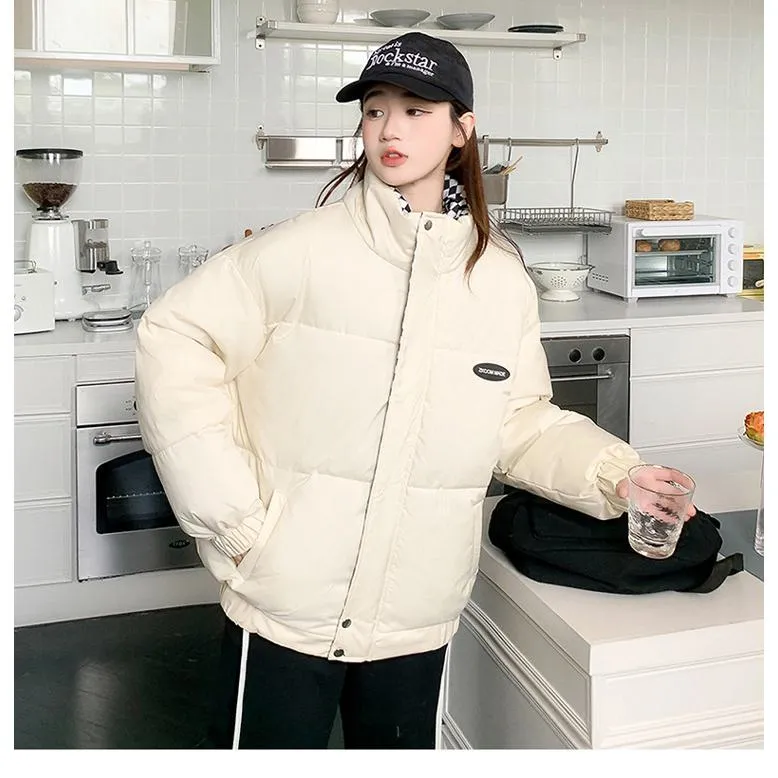 Cropped Stand-Up Collar Slash Pocket Puffer Jacket