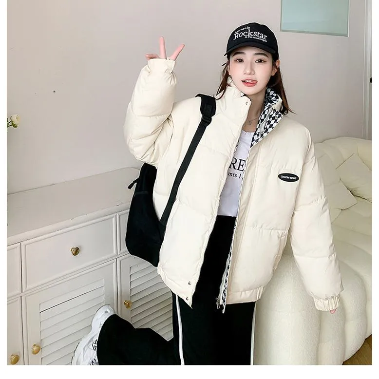 Cropped Stand-Up Collar Slash Pocket Puffer Jacket