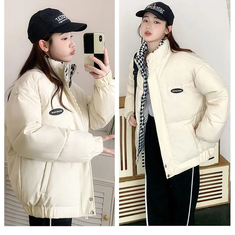 Cropped Stand-Up Collar Slash Pocket Puffer Jacket