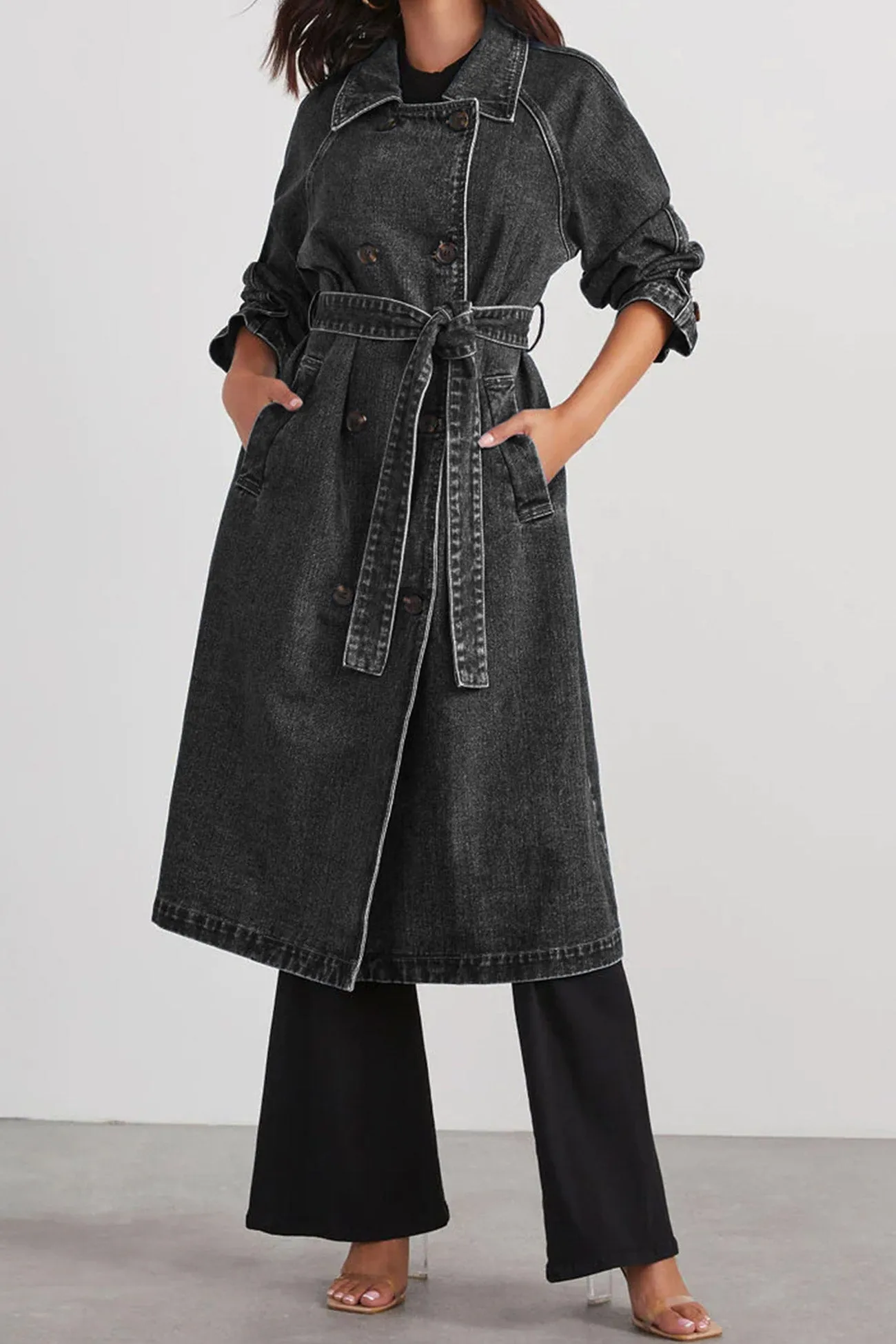 Double-breasted Strappy Denim Trench Coat