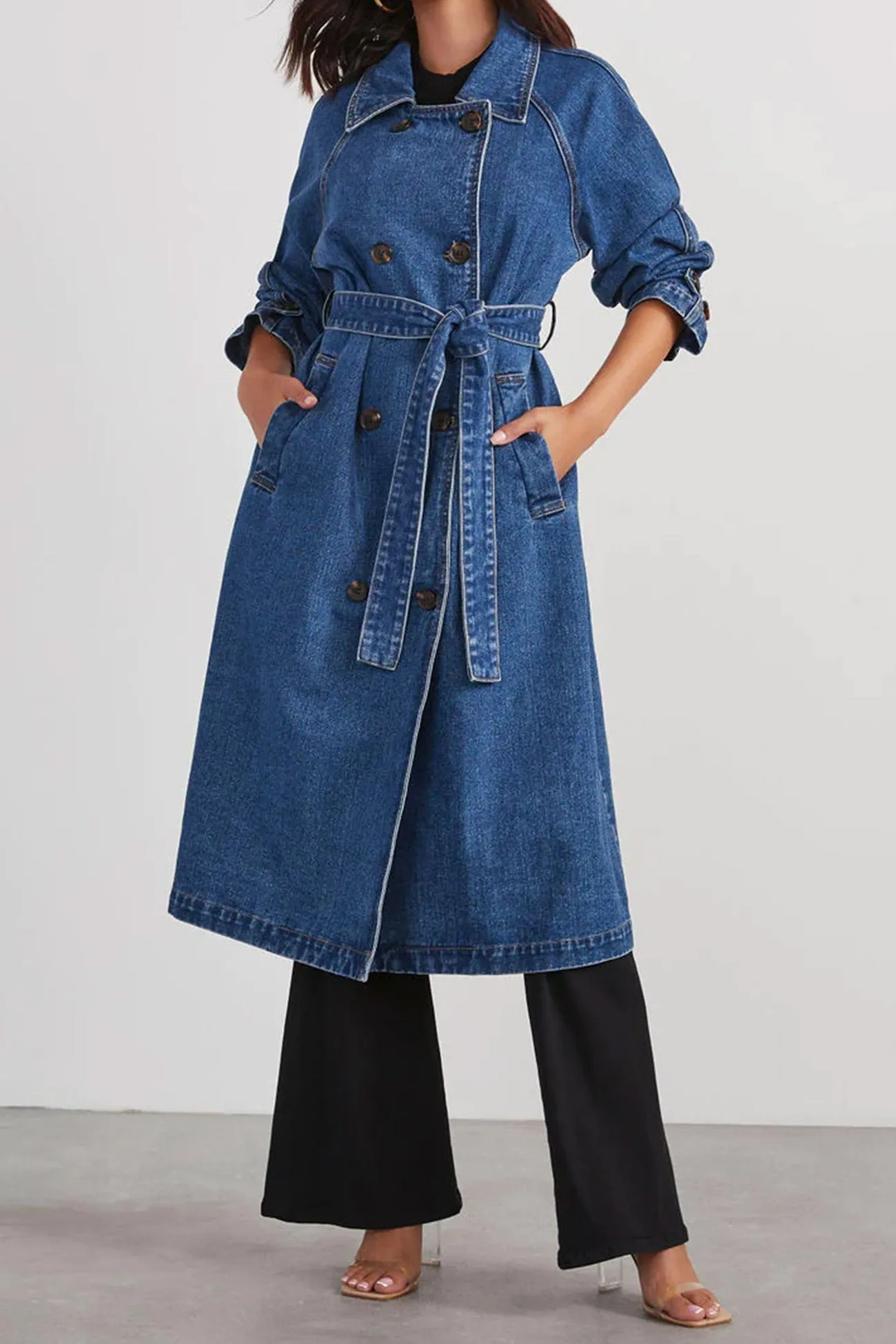 Double-breasted Strappy Denim Trench Coat