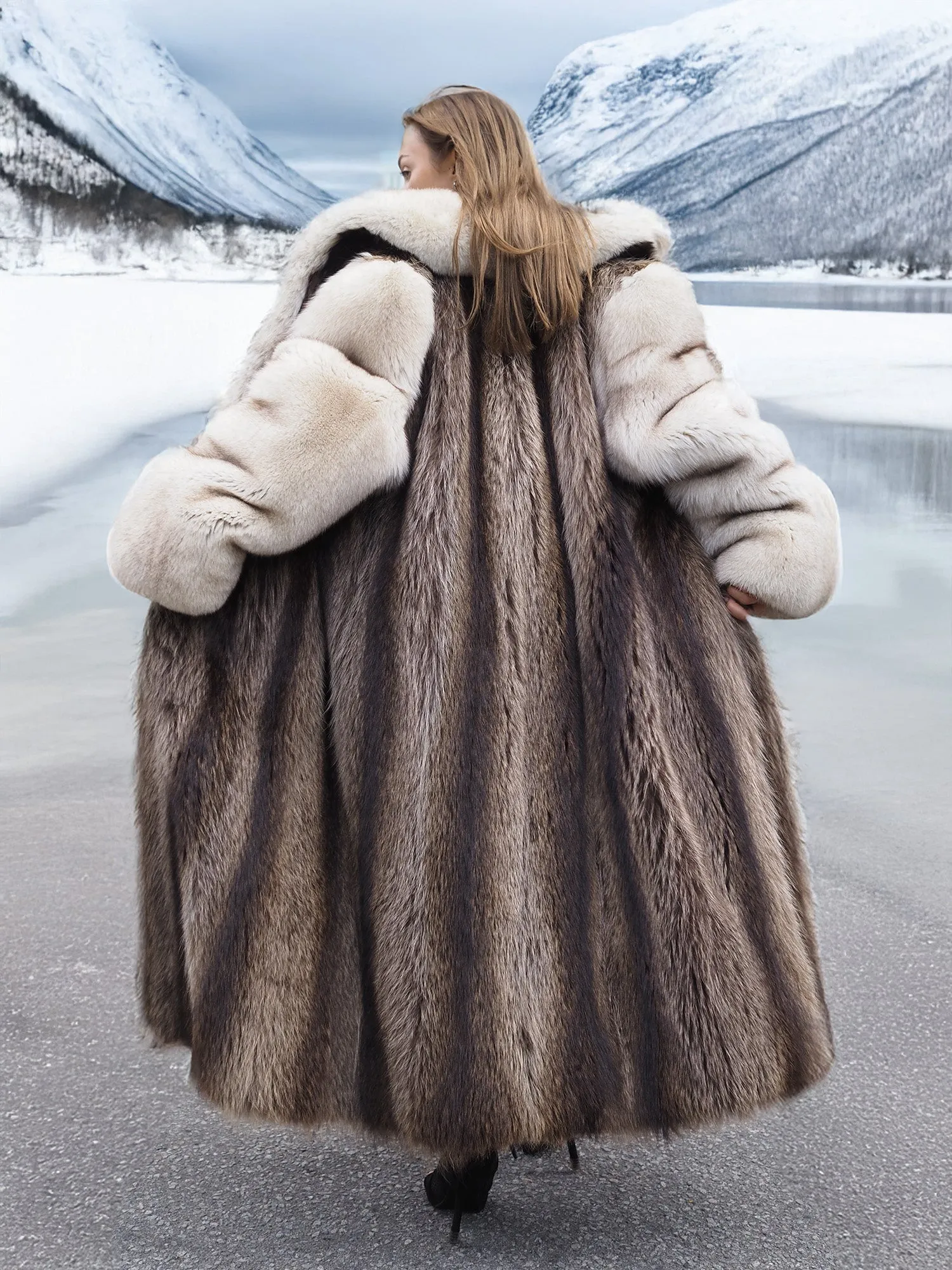 Elegant Raccoon and Fox Fur Coat with Shawl Collar – Timeless Luxury & Warmth