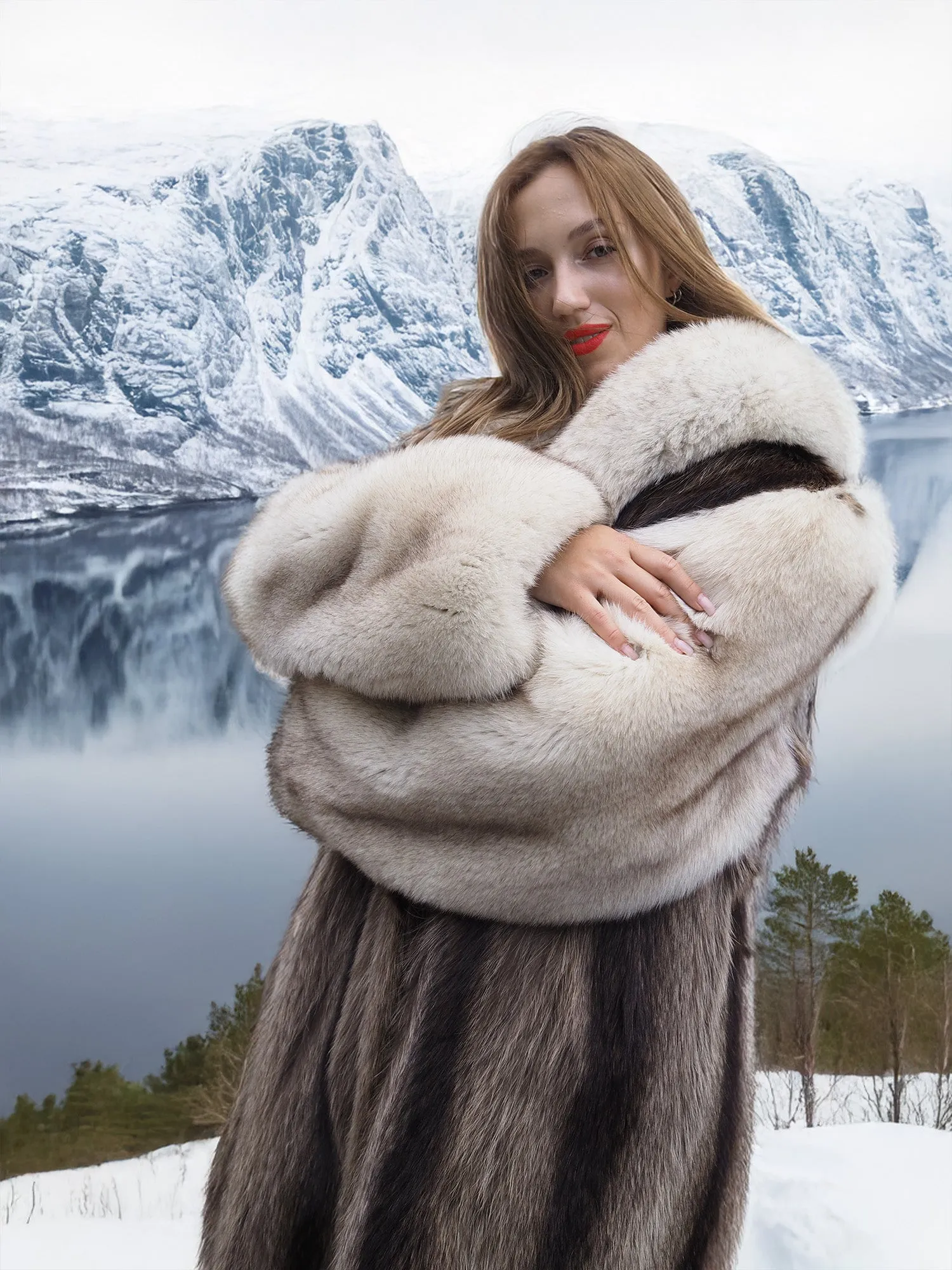 Elegant Raccoon and Fox Fur Coat with Shawl Collar – Timeless Luxury & Warmth