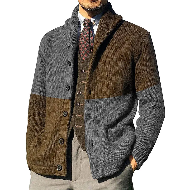 Mens Winter Colorblock Cardigan Single-Breasted Knitted Sweater Jacket