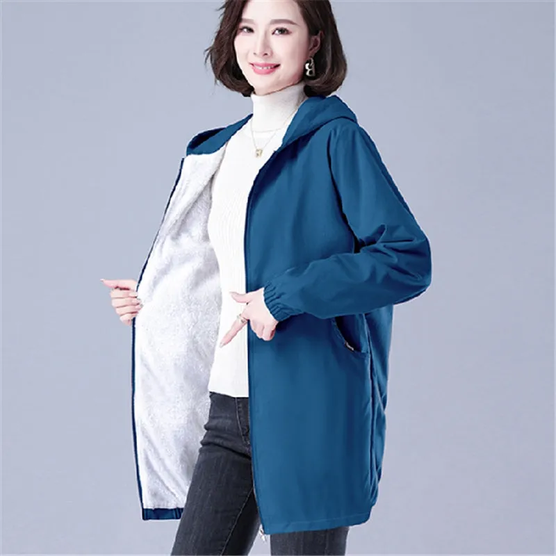 Plus Velvet Mid-Length Loose Fit Hooded Sherpa Coat