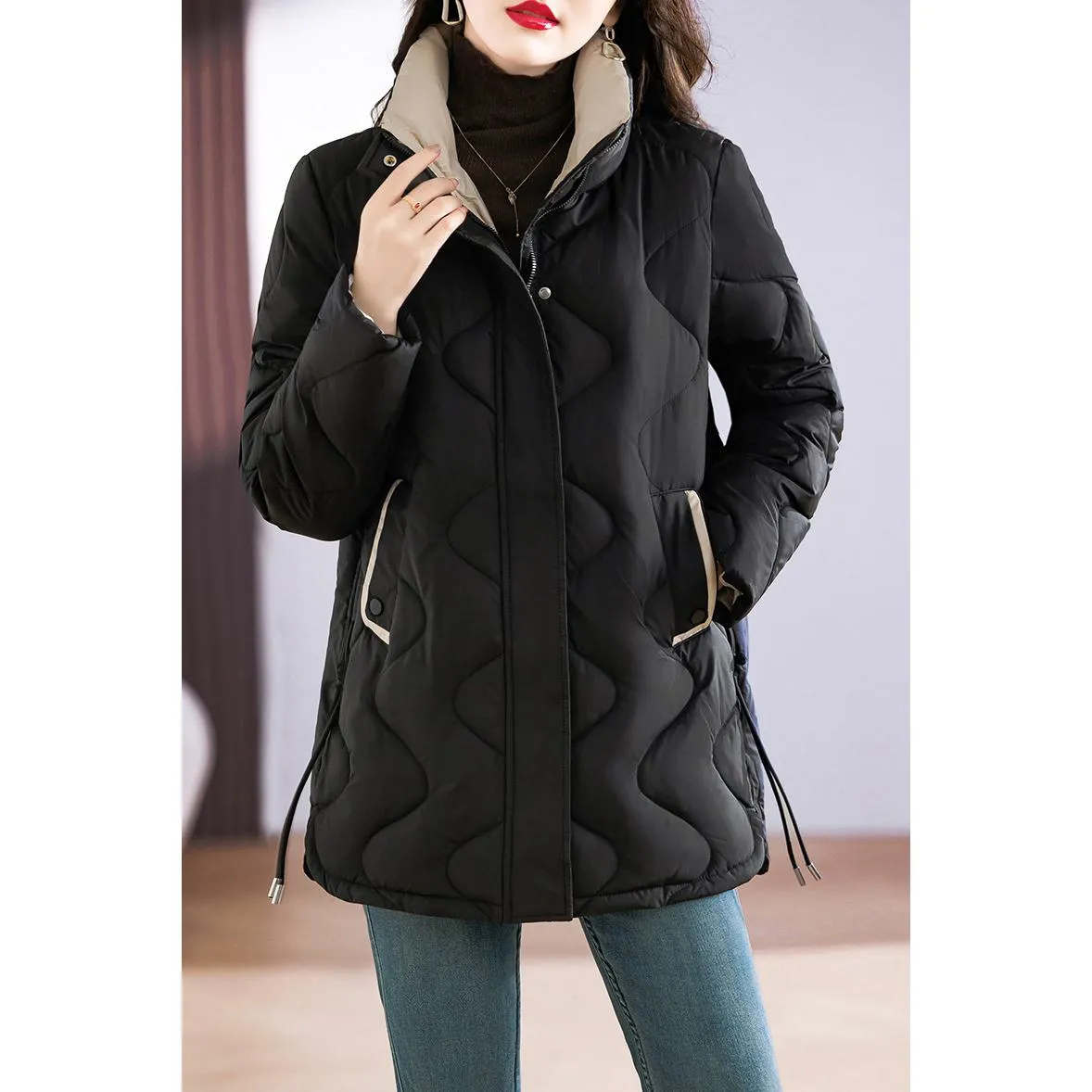 Quilted Thigh-Length Classic Puffer Jacket