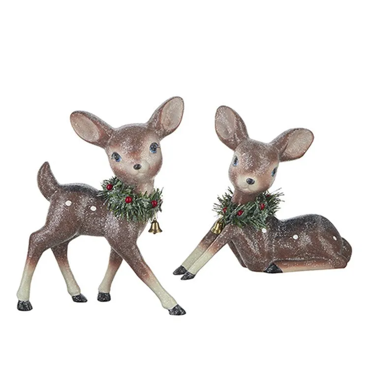 Raz 2022 No Place Like Home 12.75" Reindeer w/ Bottle Brush Wreath, 2 Set