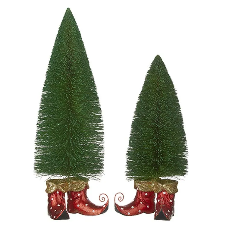 Raz 2022 North Pole Friends 17.5" Green Bottle Brush Tree w/ Elf Shoe, 2 Set