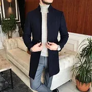 Solid Color Business Standing Collar Mid Length Coat