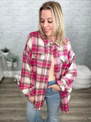 Tickled Pink Plaid Shacket with Frayed Hem Detail