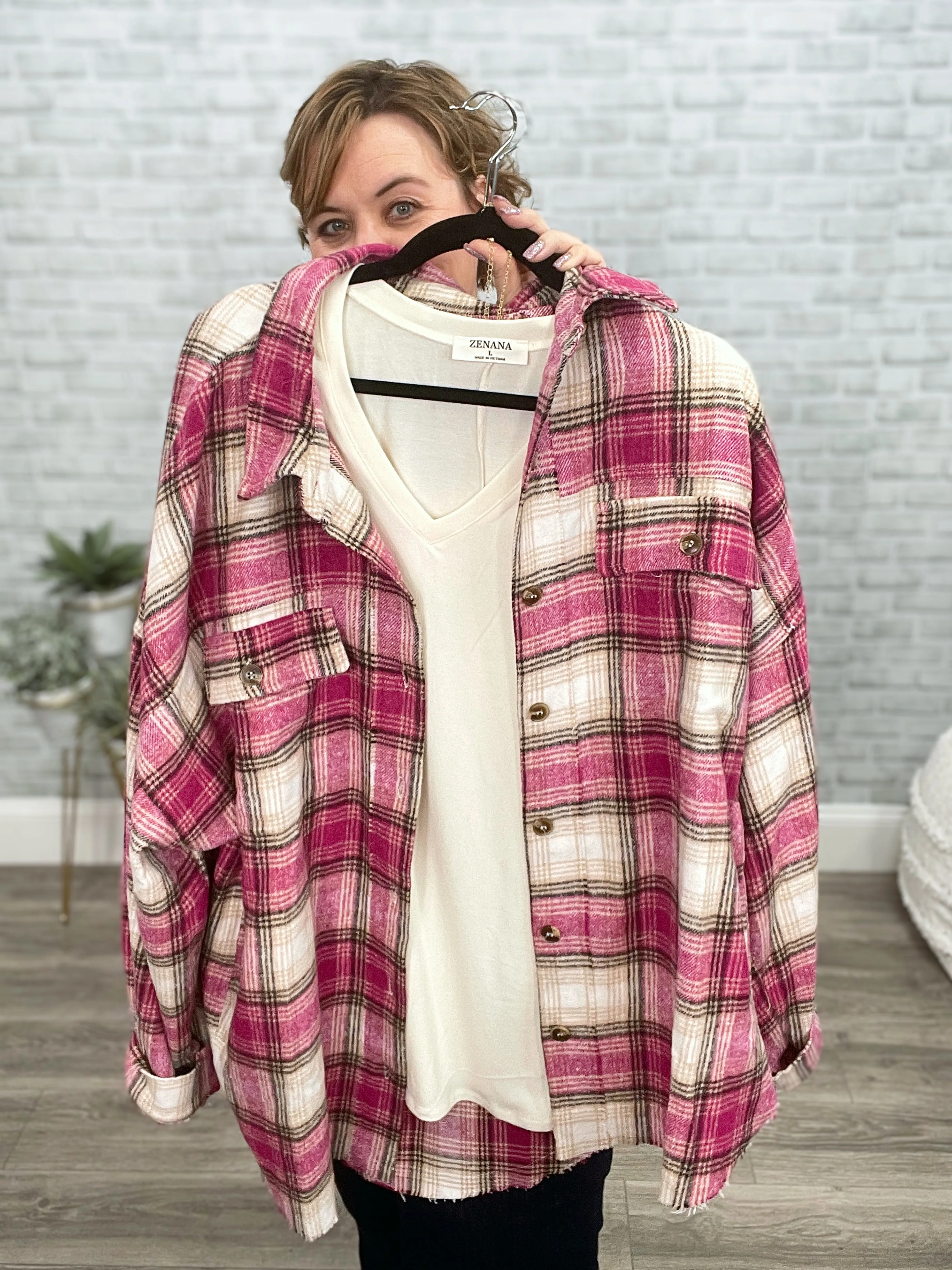 Tickled Pink Plaid Shacket with Frayed Hem Detail