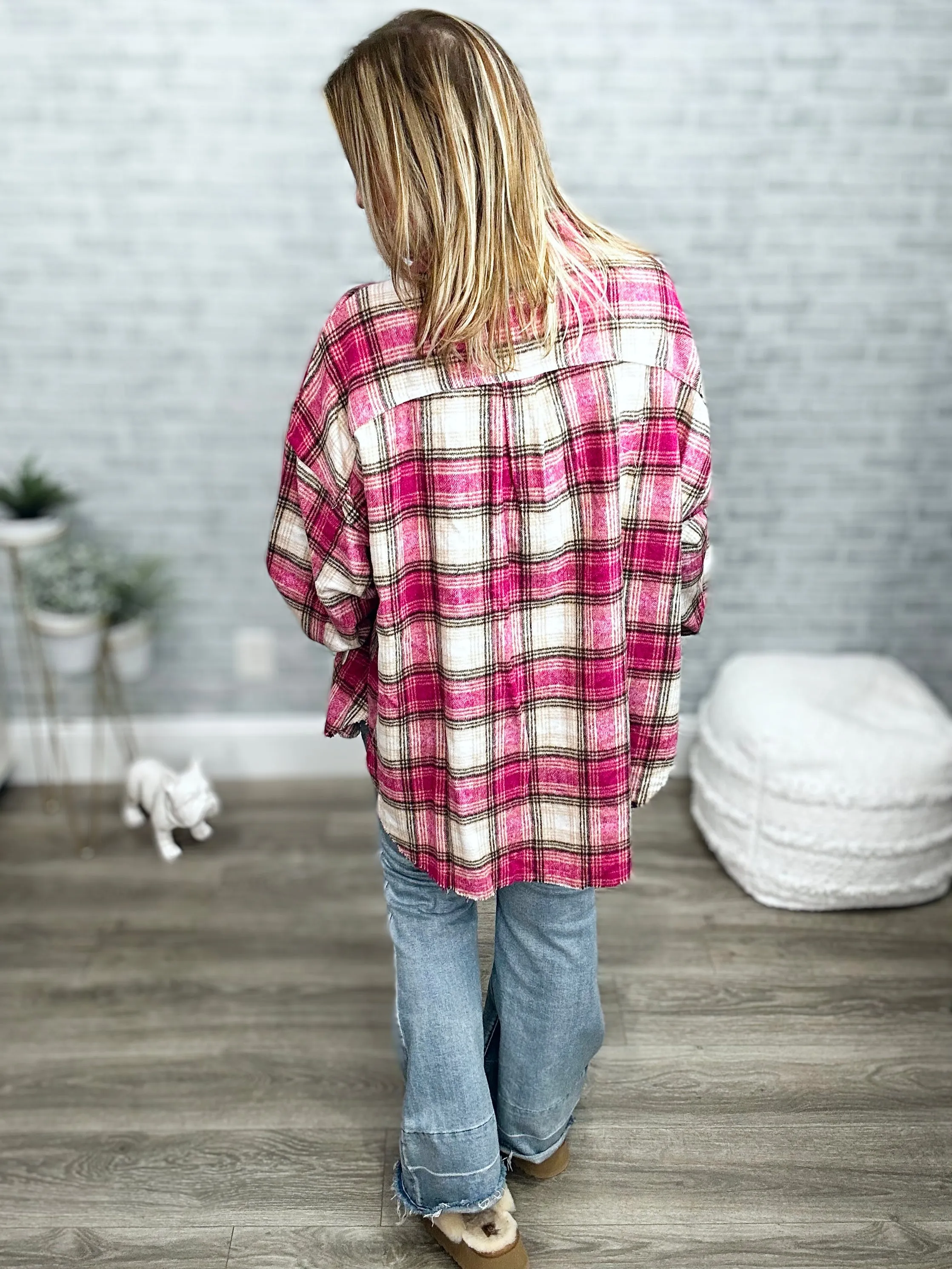 Tickled Pink Plaid Shacket with Frayed Hem Detail