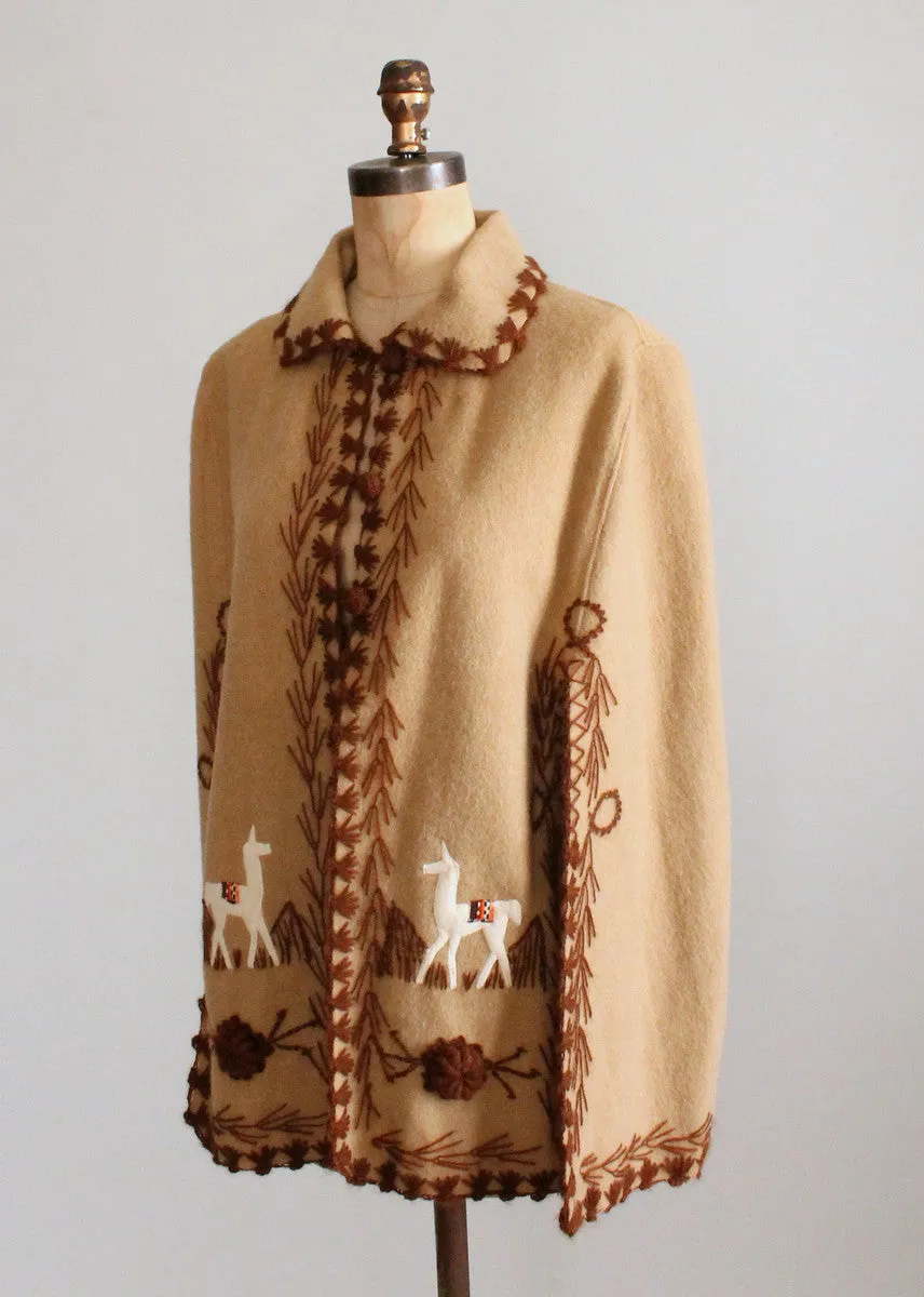 Vintage 1970s Embroidered Wool Cape with Llamas